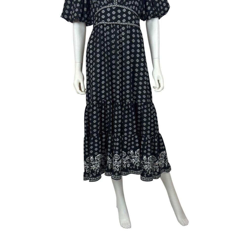 Max Studio London Floral Dress Medium Black White Printed Puff Sleeves Tiered Mi - Picture 6 of 13
